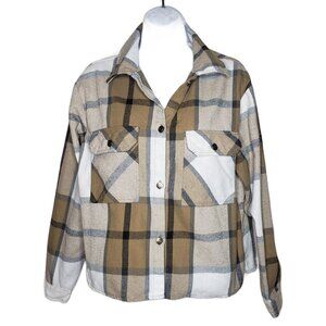 Better/Together Women's Sz S Tan/Navy Plaid Flannel Button Up Shirt (1505)